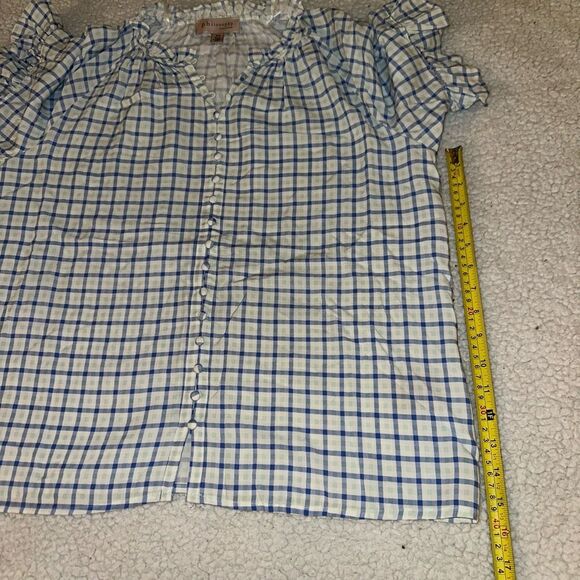 Philosophy Button Down Ruffle Sleeve White Blue Green Plaid Blouse Medium EUC - Picture 11 of 12